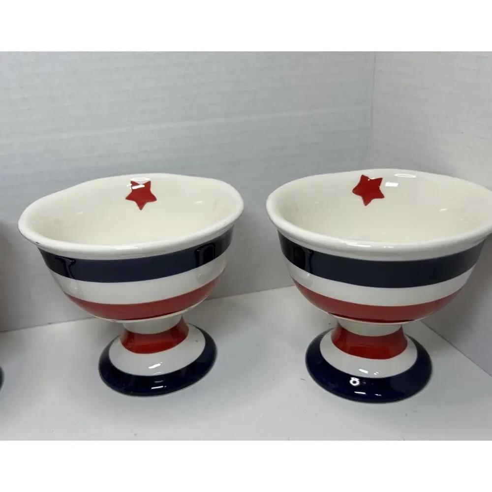 Grace's Teaware ICE CREAM Dessert Bowl Ceramic Blue Red White Striped Qty 4